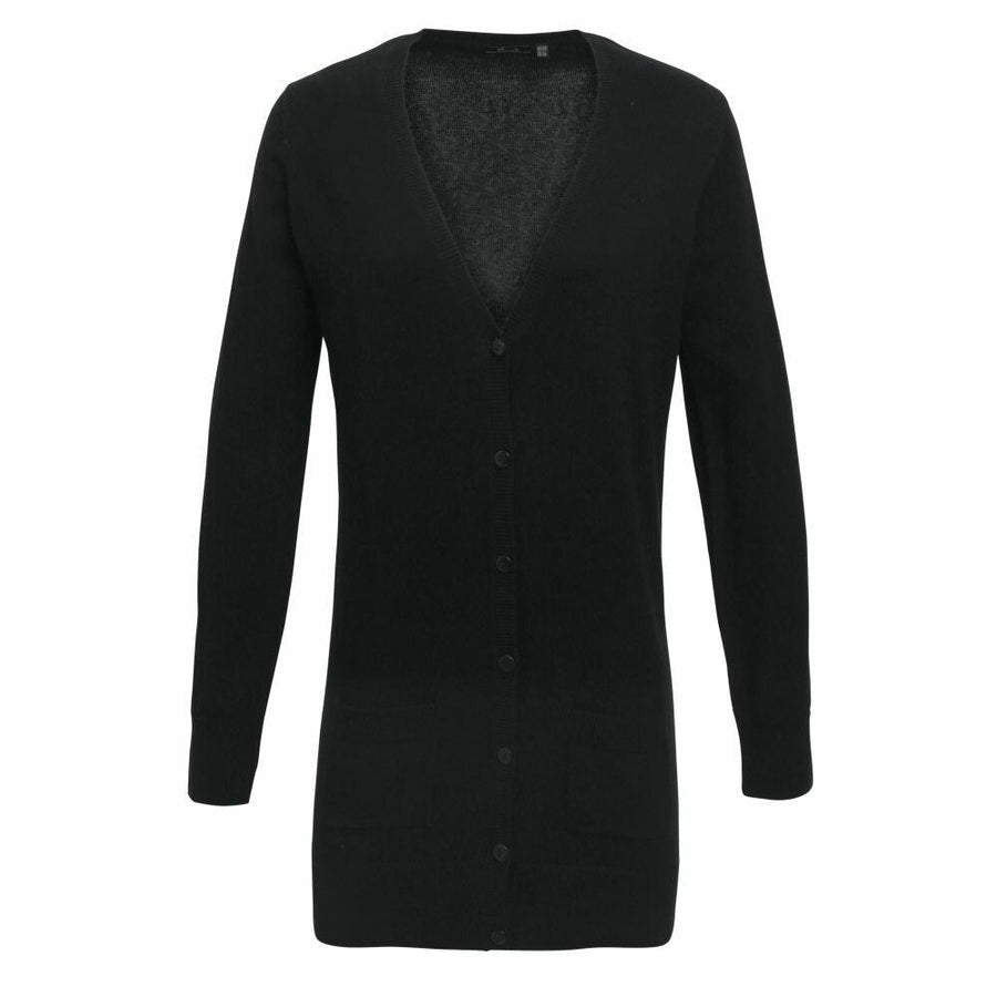 A Premier PR698 black V-neck cardigan featuring long sleeves and front buttons, showcased on a white background.