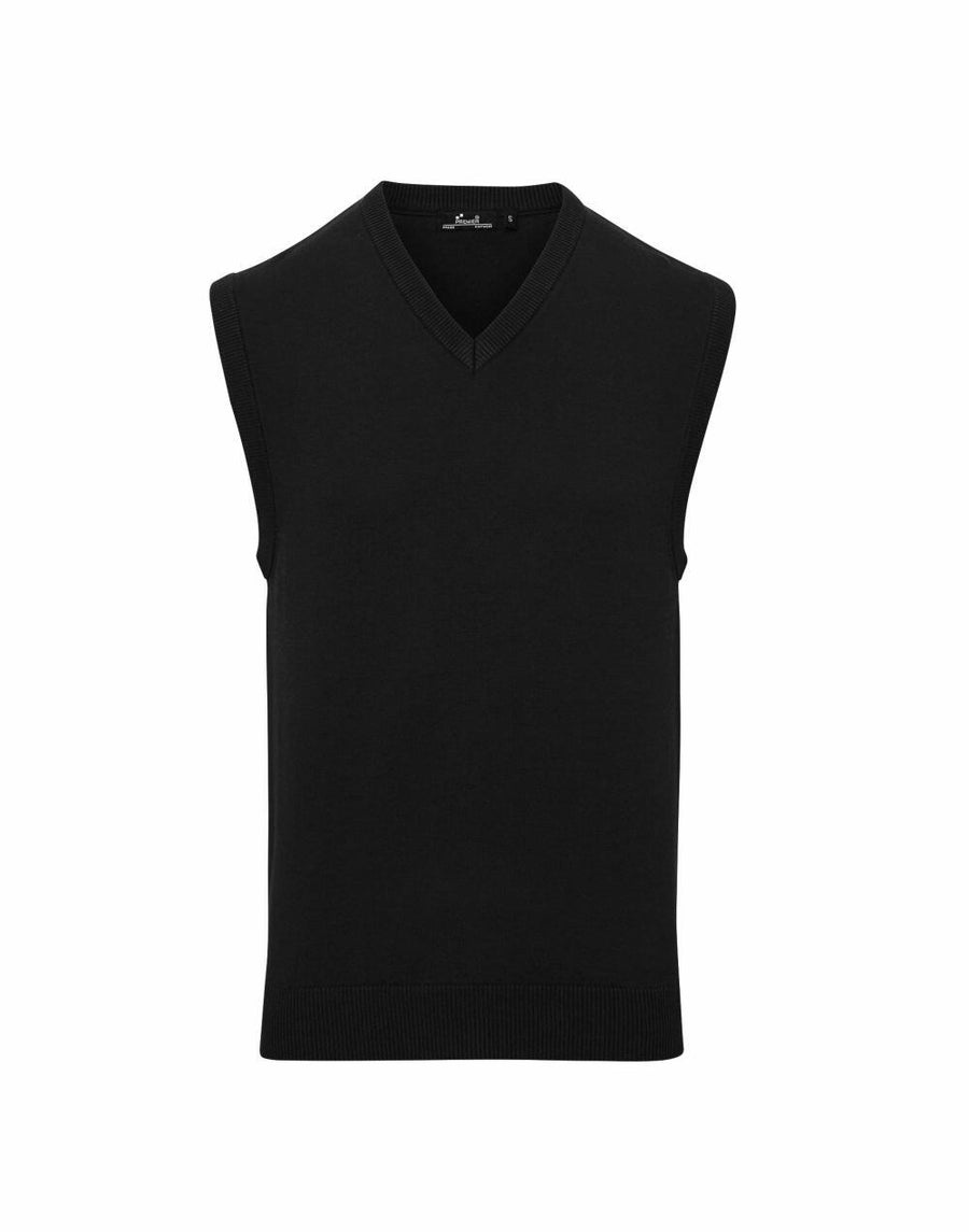 The Premier PR699 sweater vest in black, featuring a sleeveless design and V-neck, displayed on a plain white background.