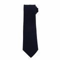 A neatly rolled Premier PR700 necktie in black, featuring a smooth texture, positioned vertically against a white background.
