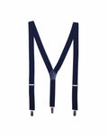 A pair of Premier suspenders (Product Name: PR701) in navy blue with metal clips set against a white background.