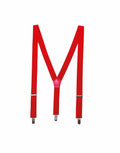 A pair of Premier's PR701 suspenders in vibrant red with metal clips, displayed flat on a white background.