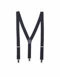 A pair of Premier PR701 black suspenders with silver clips and an adjustable strap design, laid flat in an M shape on a white background.