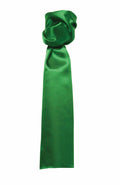 The PR730, a vibrant green silk scarf from Premier, hangs vertically against a plain background, beautifully showcasing its smooth texture and sheen.