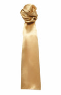 A Premier PR730 cravat made of silky gold satin with a gathered knot at the top, elegantly hanging vertically against a white background.