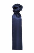 The Premier PR730 ascot tie, crafted from shiny navy blue satin and neatly folded, is displayed against a plain white background.