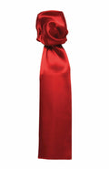 The Premier PR730 necktie, in a striking red satin finish, stands out elegantly against a white background, showcasing its smooth and shiny texture with a sophisticated knot at the top.