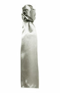 The Premier PR730 is a sleek and shiny, silver satin scarf carefully folded into a vertical ribbon with a looped knot at the top, its fabric reflecting light to showcase its smooth texture.