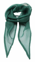 The Premier PR740 is a sheer green rectangular scarf elegantly folded into a loop, allowing its ends to drape down gracefully. The translucent fabric enhances its delicate and sophisticated appearance.