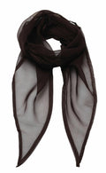 The Premier PR740 scarf, with its sheer dark brown fabric, is elegantly displayed against a plain white background. Its lightweight material is skillfully folded and arranged, showcasing the pointed ends and smooth texture beautifully.