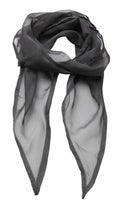The PR740 from Premier is elegantly draped in a loop, featuring pointed ends and a sheer black design. The lightweight and slightly translucent fabric provides a stylish accessory option.