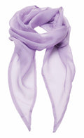 The Premier PR740 scarf, in a light purple chiffon, boasts a loose, flowing style. Its translucent fabric features a soft, airy texture that contributes to its elegant and delicate appearance.