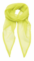 A Premier PR740 scarf in a vibrant yellow hue, crafted from sheer fabric and designed to drape in a loop, with two pointed ends elegantly hanging down.