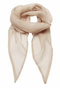 The Premier PR740 scarf is a sheer, light beige accessory that drapes elegantly with two pointed ends hanging down. Its fabric exudes softness and delicacy, enhanced by a subtle sheen.