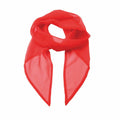 A bright red chiffon scarf from Premier, product number PR740, is neatly arranged with its ends pointed downward. The fabric appears lightweight and semi-transparent, with a smooth texture.
