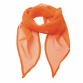 The Premier PR740 is a sheer orange scarf, elegantly arranged in a loose, circular shape with overlapping ends. Its lightweight and translucent fabric is complemented by neatly stitched edges.