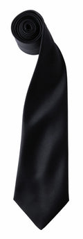 A rolled-up Premier PR750 black silk necktie set against a white background.