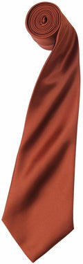A neatly rolled brown silk tie from Premier, model PR750, with a smooth texture and sheen, lying on a white background. The tie's narrow end is elegantly folded over, showcasing its rich color and fine craftsmanship.
