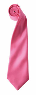A partially unrolled Premier PR750, a rolled pink silk tie featuring a shiny finish that highlights its texture and color.
