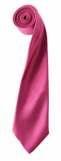 A neatly rolled-up PR750 necktie from Premier in pink silk, featuring a smooth and shiny texture against a white background.