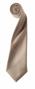 A neatly rolled Premier PR750 silk tie in beige, featuring a smooth and glossy finish, displayed against a white background.