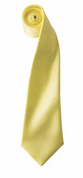 A neatly rolled Premier PR750 yellow silk necktie with a sleek texture, lying flat on a white background.