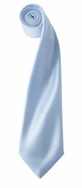 A neatly rolled Premier PR750 light blue silk tie against a white background. The Premier PR750 tie unrolls gradually from the tip, creating an elegant curve leading up to the rolled end.