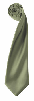 A neatly rolled Premier PR750 olive green necktie on a white background, showcasing its smooth texture and pointed tip.
