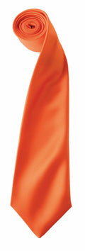 A vibrant silk tie from Premier, model PR750, features a striking orange color and is elegantly rolled at one end. Its shiny texture and pointed tip are smoothly laid out for display.