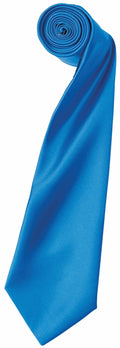 The Premier PR750 necktie features a rolled design at one end, highlighting its smooth silk texture and glossy, vibrant blue color.