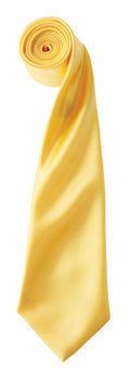 A vertically positioned PR750 silk tie by Premier, neatly rolled and showcasing its bright yellow color and smooth, glossy texture against a plain white background.