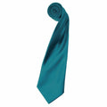A rolled PR750 teal satin tie by Premier, with a smooth, glossy finish, placed against a white background. The tie is neatly coiled at the top, creating a circular shape, with the wider end unrolled and pointed downwards.