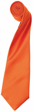 The PR750 by Premier, an elegantly rolled satin tie, is showcased against a white background. The orange fabric of the tie looks smooth and lustrous, catching the light beautifully.