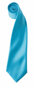 A neatly rolled Premier PR750 tie, featuring a vibrant turquoise color with a smooth and shiny texture, displayed on a white background.
