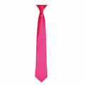 The Premier PR755 necktie is a bright pink accessory with a shiny satin finish, hanging straight against a white background. It boasts a classic design, featuring a narrow blade and pointed tip.