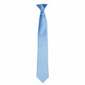 A long, slender light blue necktie from Premier, product name PR755, with a smooth satin finish, neatly tied in a standard knot.