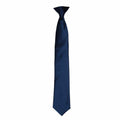 The Premier PR755 necktie, featuring a deep blue color and smooth texture, is showcased against a plain white background. This tie boasts a classic design with a standard width and an angular tip.