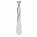 The Premier PR755 tie is a sleek, solid white silk accessory with a shiny finish, traditional pointed tip, and features a neatly tied knot at the top.
