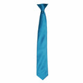 The Premier PR755 is a vibrant blue satin necktie with a smooth texture, featuring a neatly tied classic knot, displayed against a plain white background. This long tie elegantly tapers to a pointed tip at the bottom.
