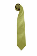 A rolled-up necktie in green with a smooth texture from Premier's PR765 collection, positioned vertically on a plain white background.