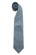 A neatly rolled necktie from Premier, model PR765, displayed on a white background, showcasing its sleek and solid gray texture.