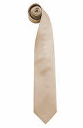 A neatly rolled silk tie from Premier, identified as product PR765, is displayed vertically with the pointed end down and the rolled portion at the top in a beige color.