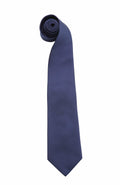 A neatly rolled dark blue PR765 necktie by Premier, displayed vertically against a white background.