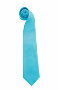 A vibrant turquoise necktie, identified as Premier's PR765, is neatly rolled at the top and hangs straight down, set against a simple white background.