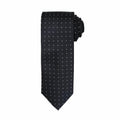 A rolled-up Premier PR781 black tie featuring small white polka dots set against a white background.