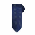 A Premier PR781 tie in navy blue with small light green polka dots, neatly rolled at one end.