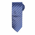 A Premier PR782 necktie, featuring diagonal white stripes on a blue background, rolled neatly at one end.