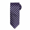 A Premier PR782 tie, featuring sleek diagonal purple stripes on a black background, neatly knotted at the top.