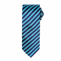 Striped tie, model PR782 by Premier, featuring diagonal dark blue and turquoise stripes on a white background.