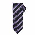 Introducing the Premier PR783, a sleek black necktie featuring diagonal purple and white stripes, expertly rolled on one end.