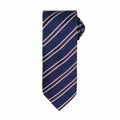 A neatly rolled PR783 necktie from Premier, featuring diagonal stripes in shades of white and burgundy on a blue background, displayed on a plain white surface.